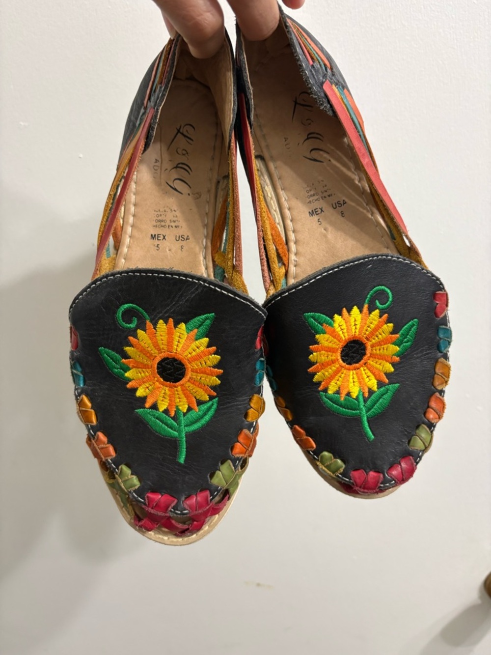 Hand-Embroidered Black Leather Sunflower Flats